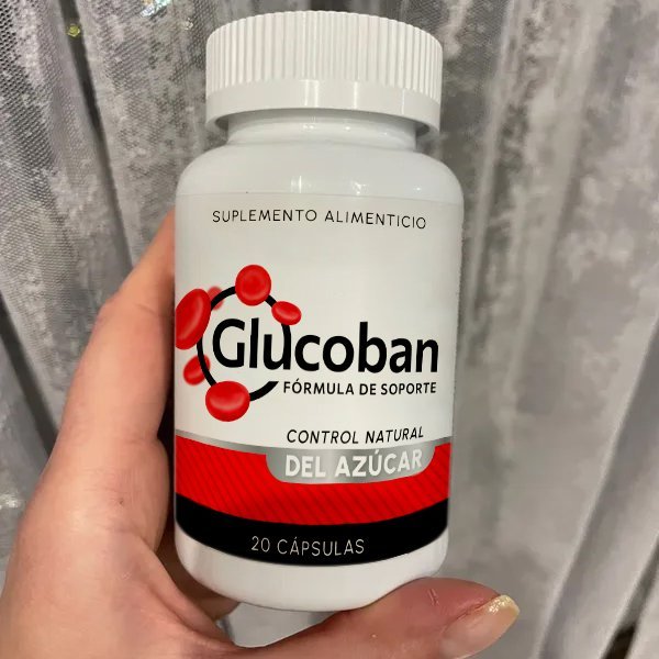 Glucoban — Dose und Faltschachtel mit rotem Blutzellen-Motiv