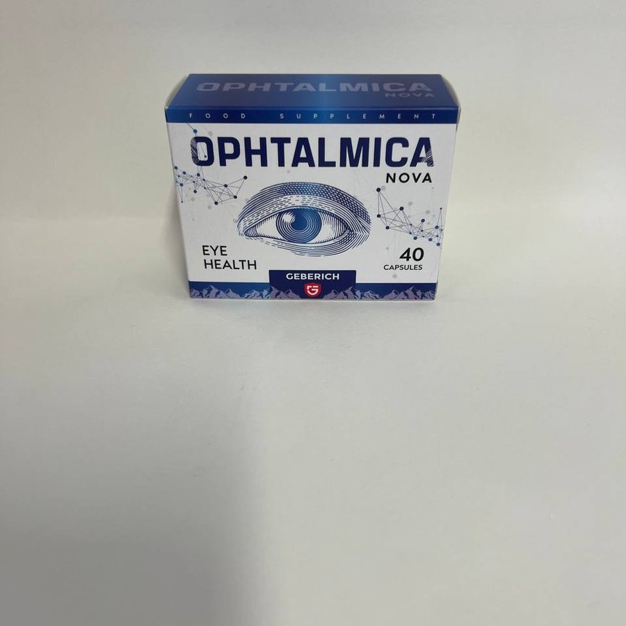 Ophtalmica Nova — Faltschachtel mit Augen-Illustration und ausgepackte Blister mit Kapseln