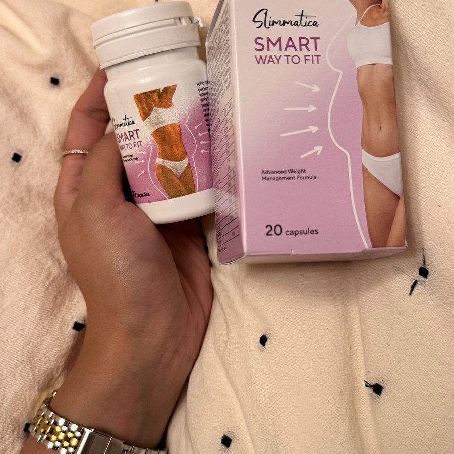 Slimmatica — Faltschachtel und Dose "Smart Way to Fit" mit 20 Kapseln in der Hand